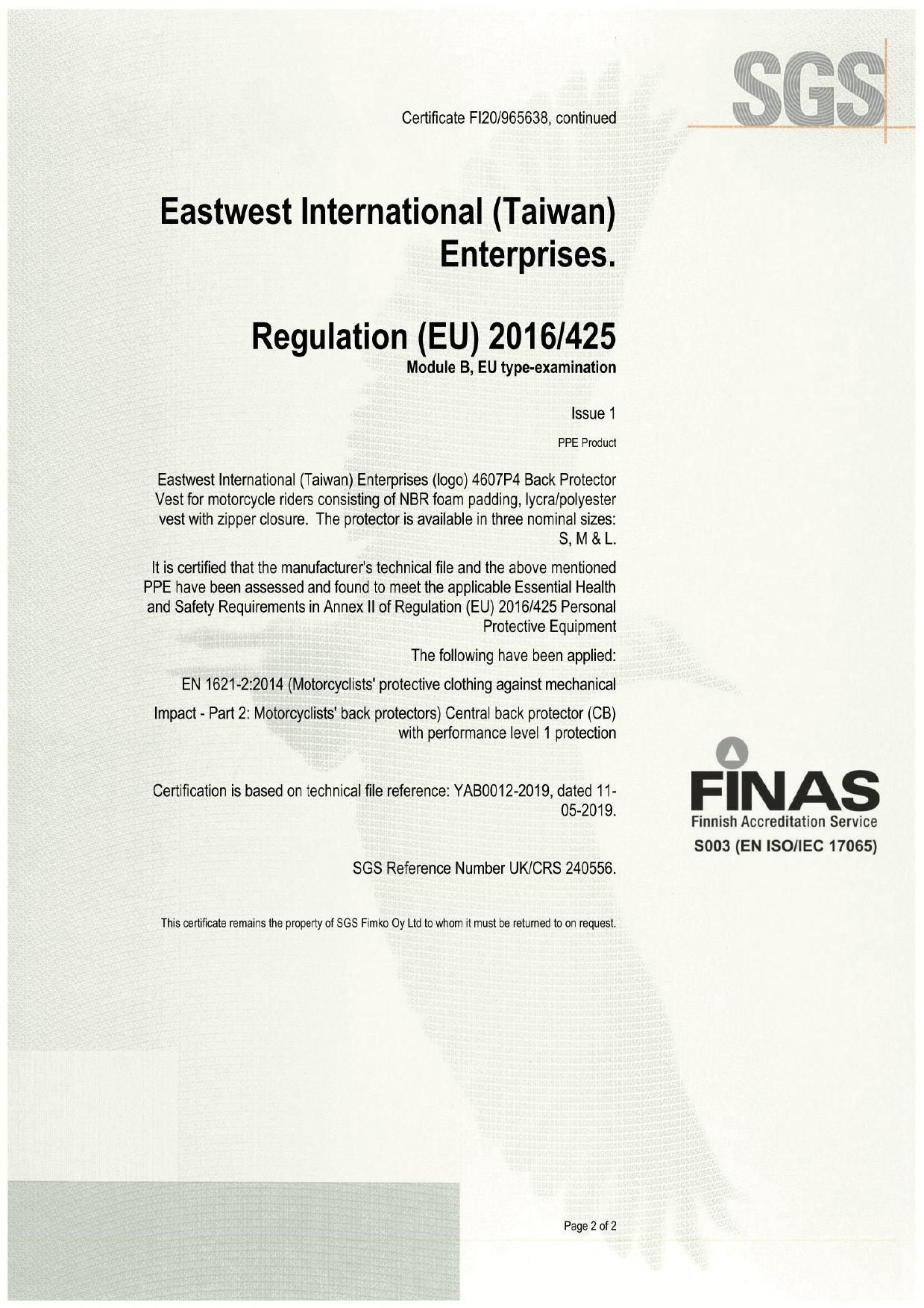 Certificates of Personal Protective Equipment (PPE) EASTWEST